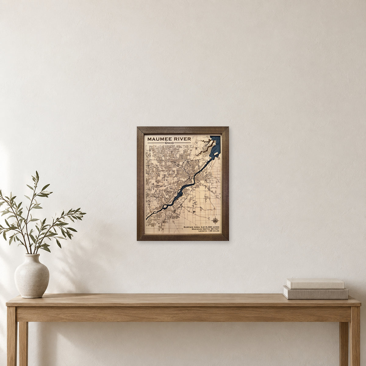 Maumee River Walnut wood map — single layer, staged room mockup