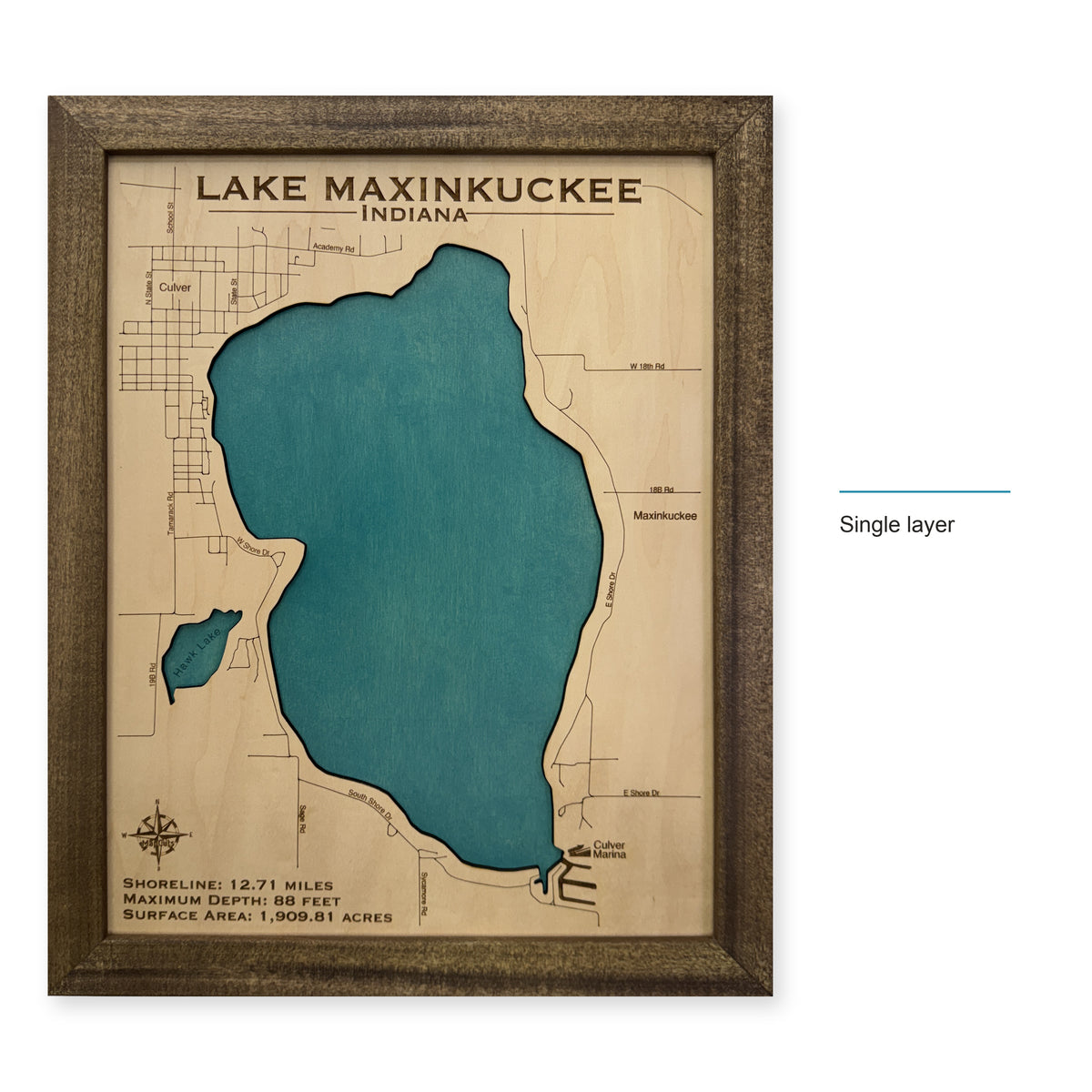 Maxinkuckee Walnut wood map — single layer, layer option shown