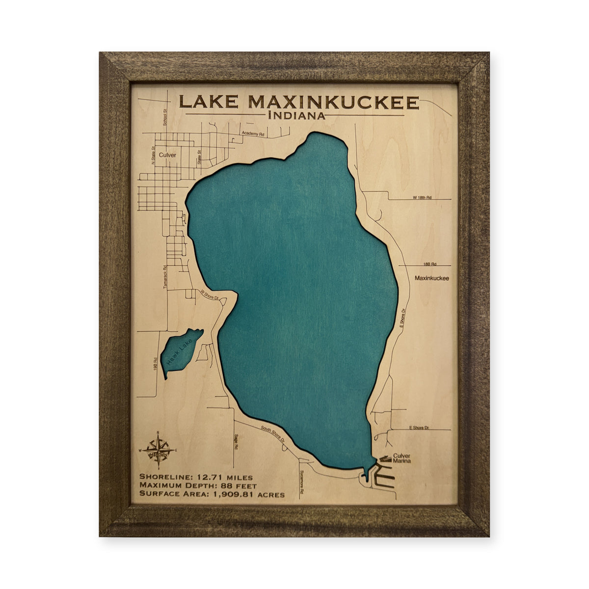 Maxinkuckee Walnut wood map — single layer, white background