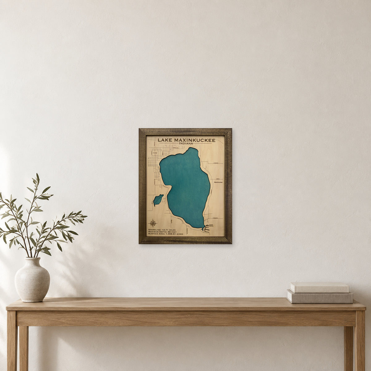 Maxinkuckee Walnut wood map — single layer, staged room mockup