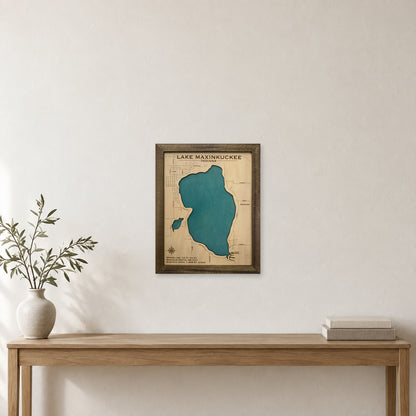 Maxinkuckee Walnut wood map — single layer, staged room mockup