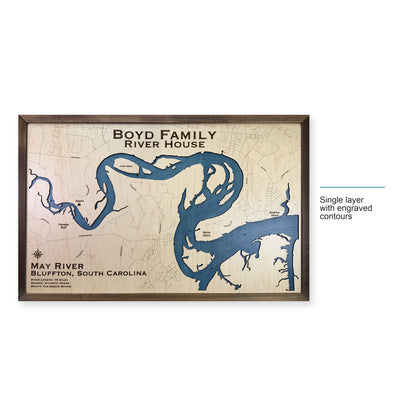 May River wood map — single layer with engraved contours, layer option shown