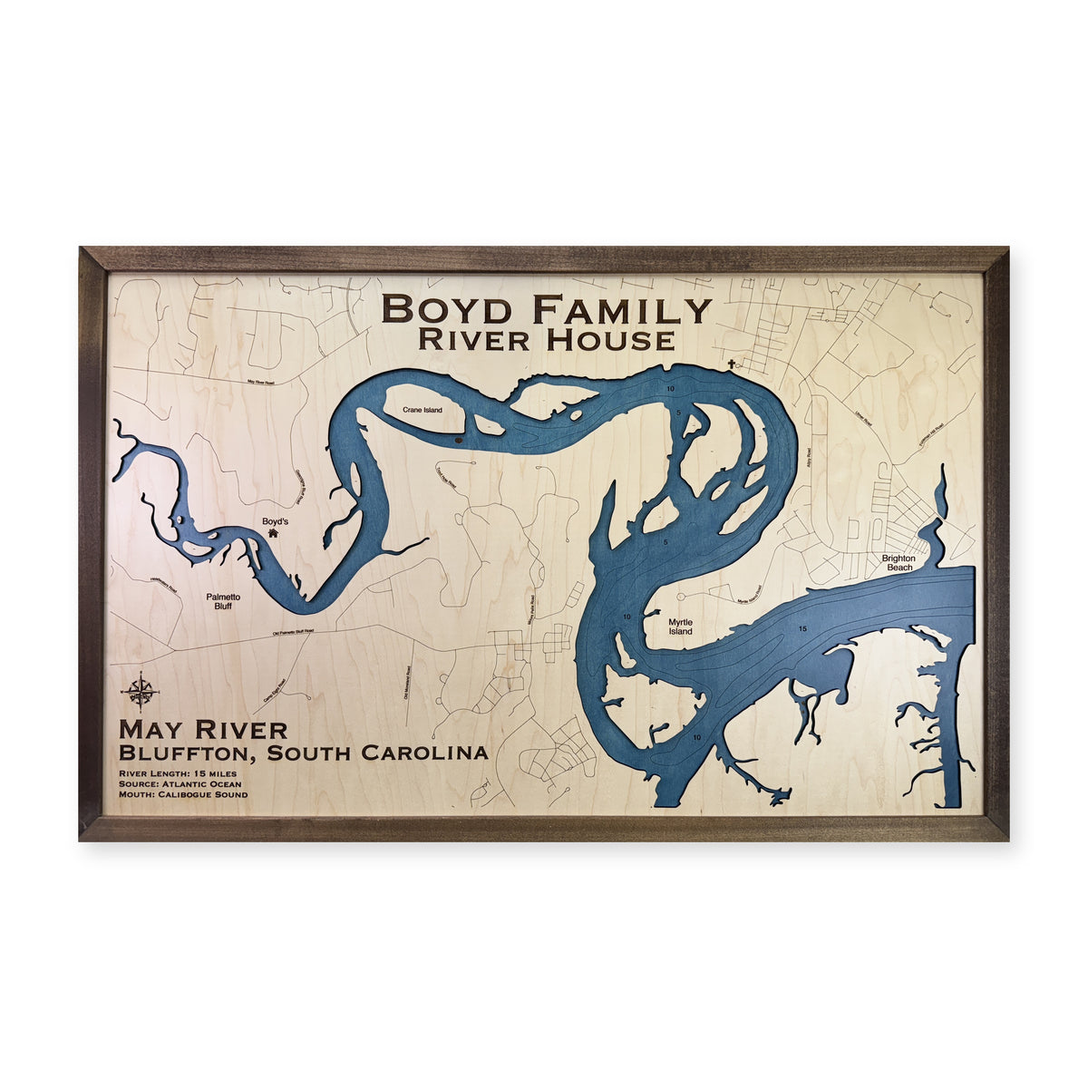 May River wood map — single layer with engraved contours, white background
