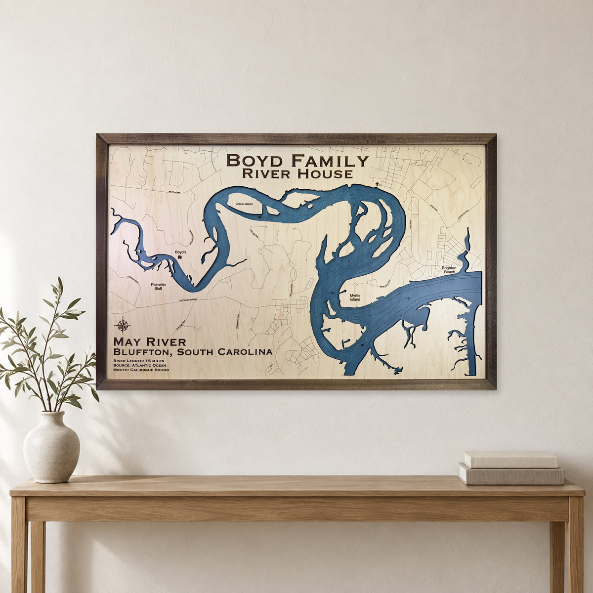 May River wood map — single layer with engraved contours, staged room mockup