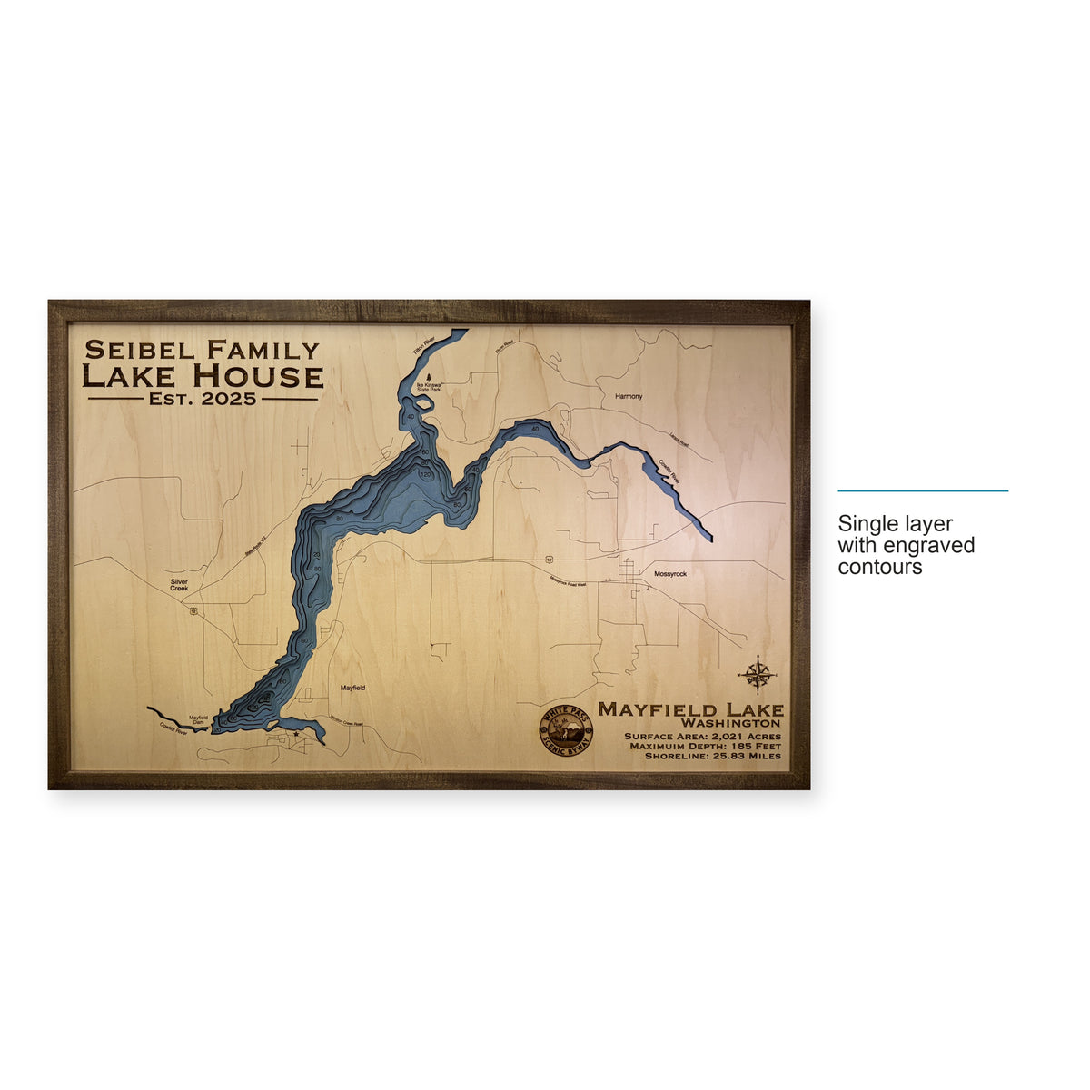 Mayfield Seibel wood map — single layer with engraved contours, layer option shown