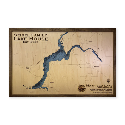 Mayfield Seibel wood map — single layer with engraved contours, white background