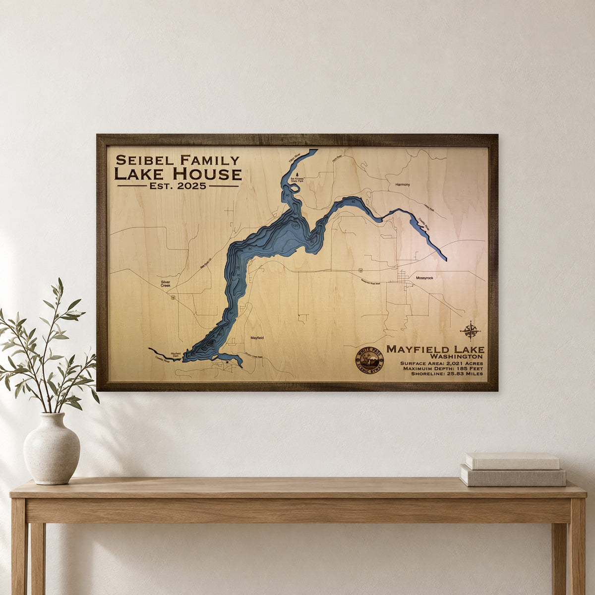 Mayfield Seibel wood map — single layer with engraved contours, staged room mockup