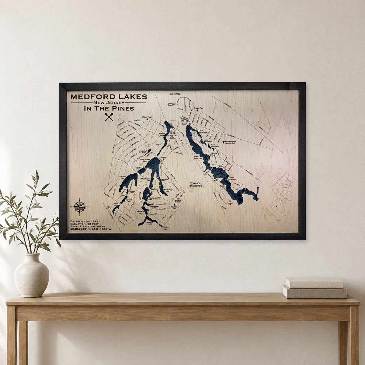 Medford Pines wood map — multilayer, staged room mockup