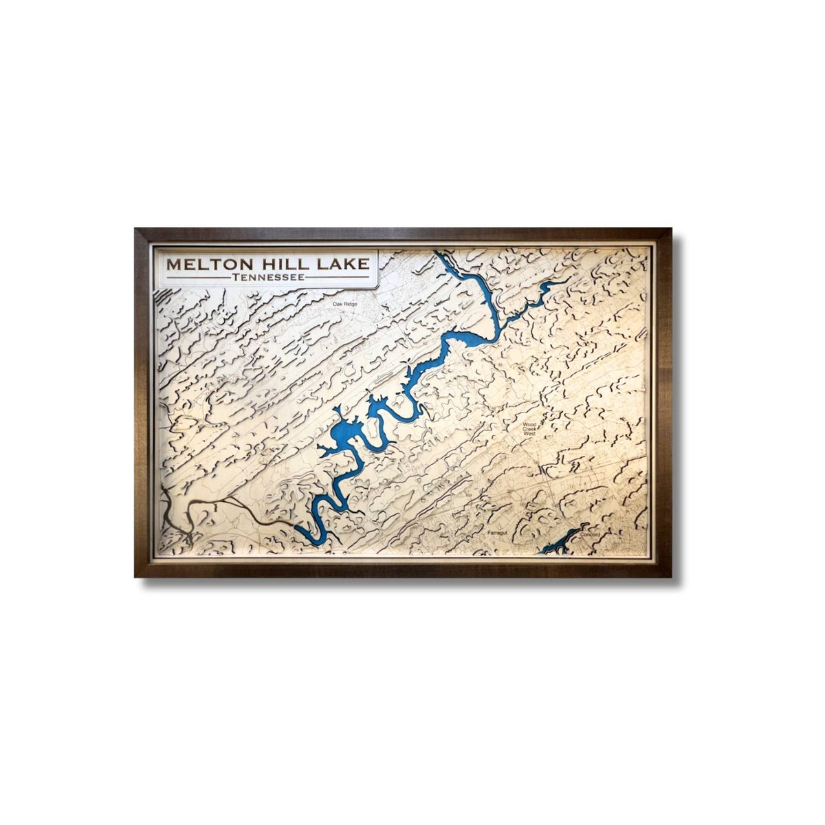 Framed 3D topographic map of Melton Hill Lake, Tennessee on a white background.