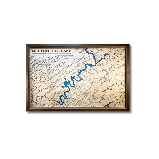 Framed 3D topographic map of Melton Hill Lake, Tennessee on a white background.