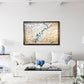 Living room with a framed topographic map of Melton Hill Lake on the wall above a white sofa.