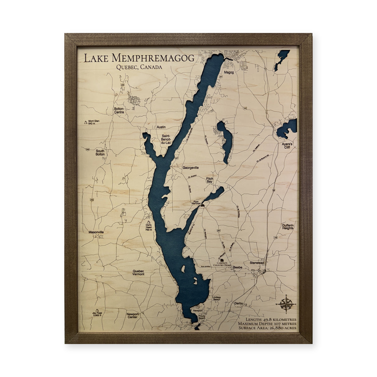 Memphremagog Walnut wood map — single layer, white background