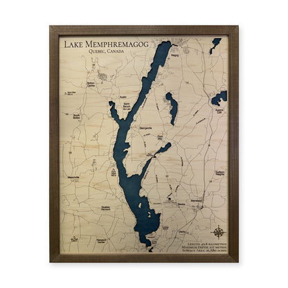 Memphremagog Walnut wood map — single layer, white background