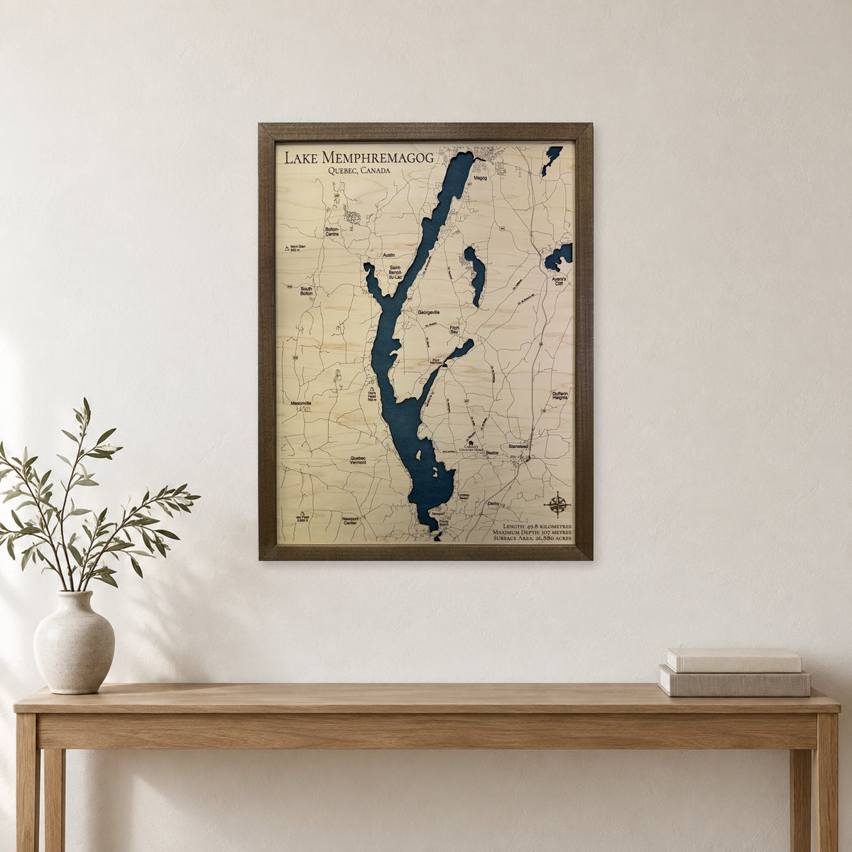 Memphremagog Walnut wood map — single layer, staged room mockup