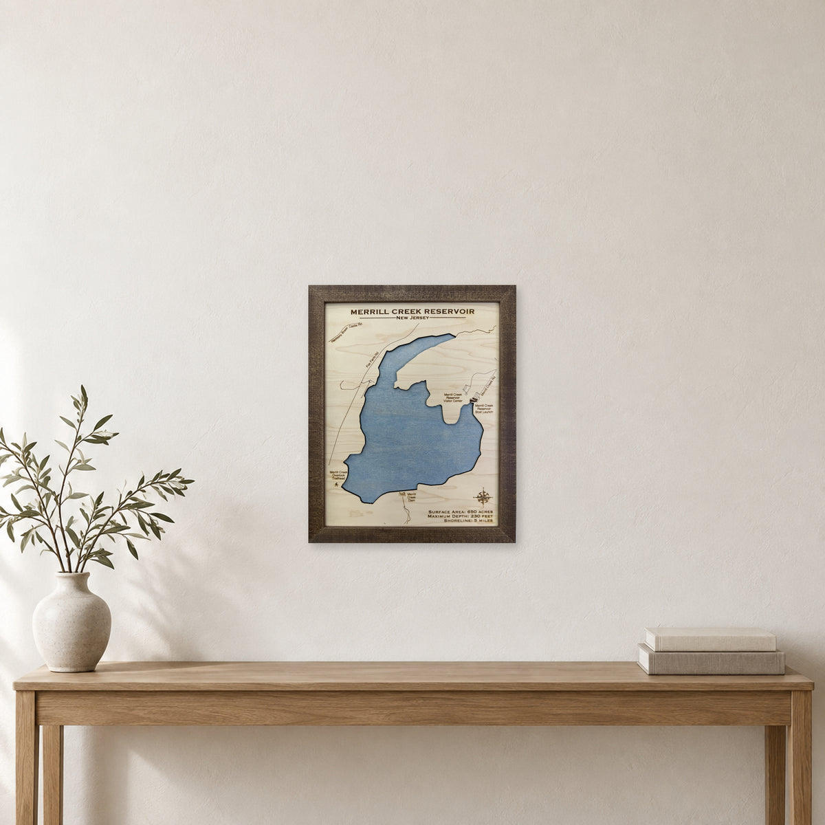 Merrill Creek wood map — single layer, staged room mockup