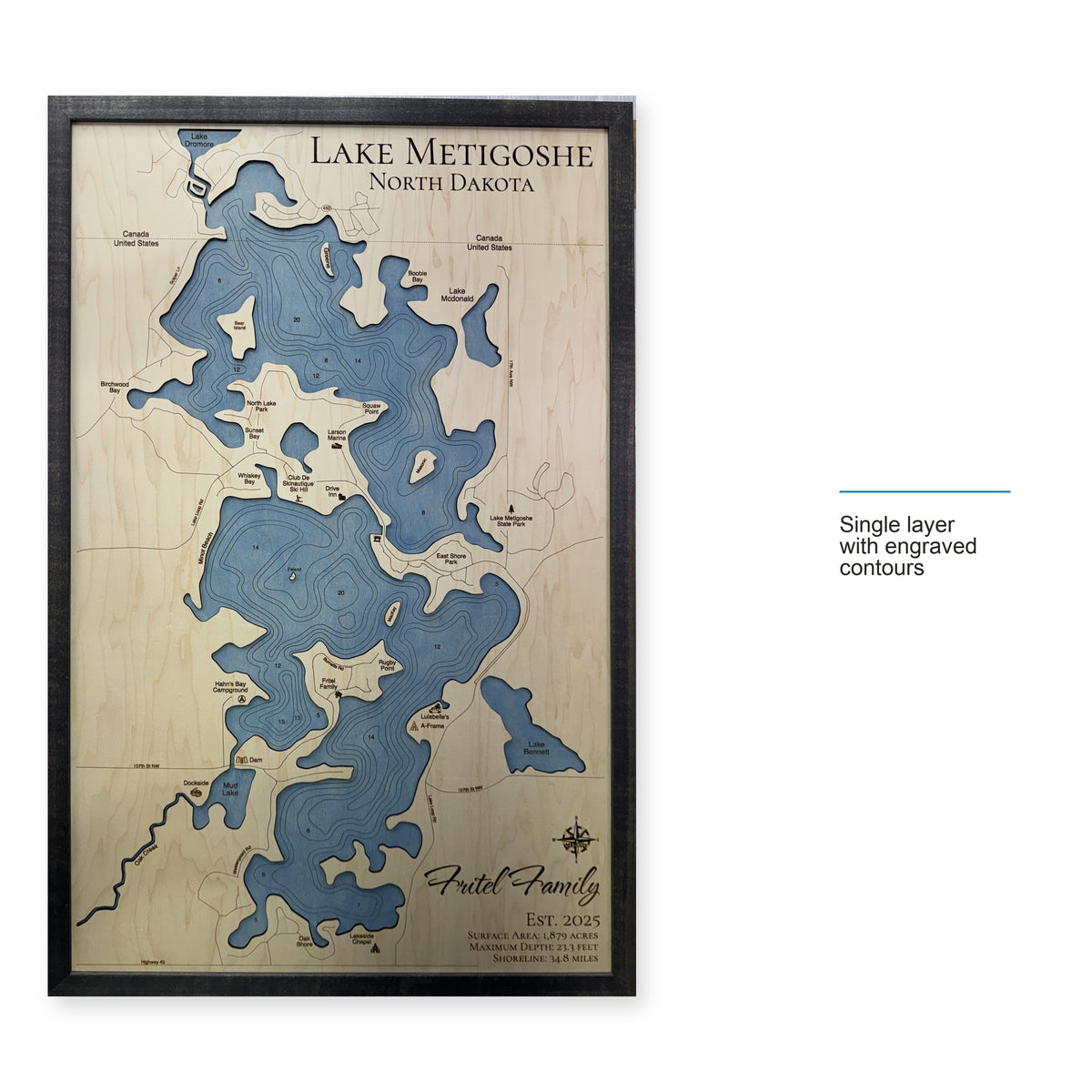 Metigoshe Fritel wood map — single layer with engraved contours, layer option shown