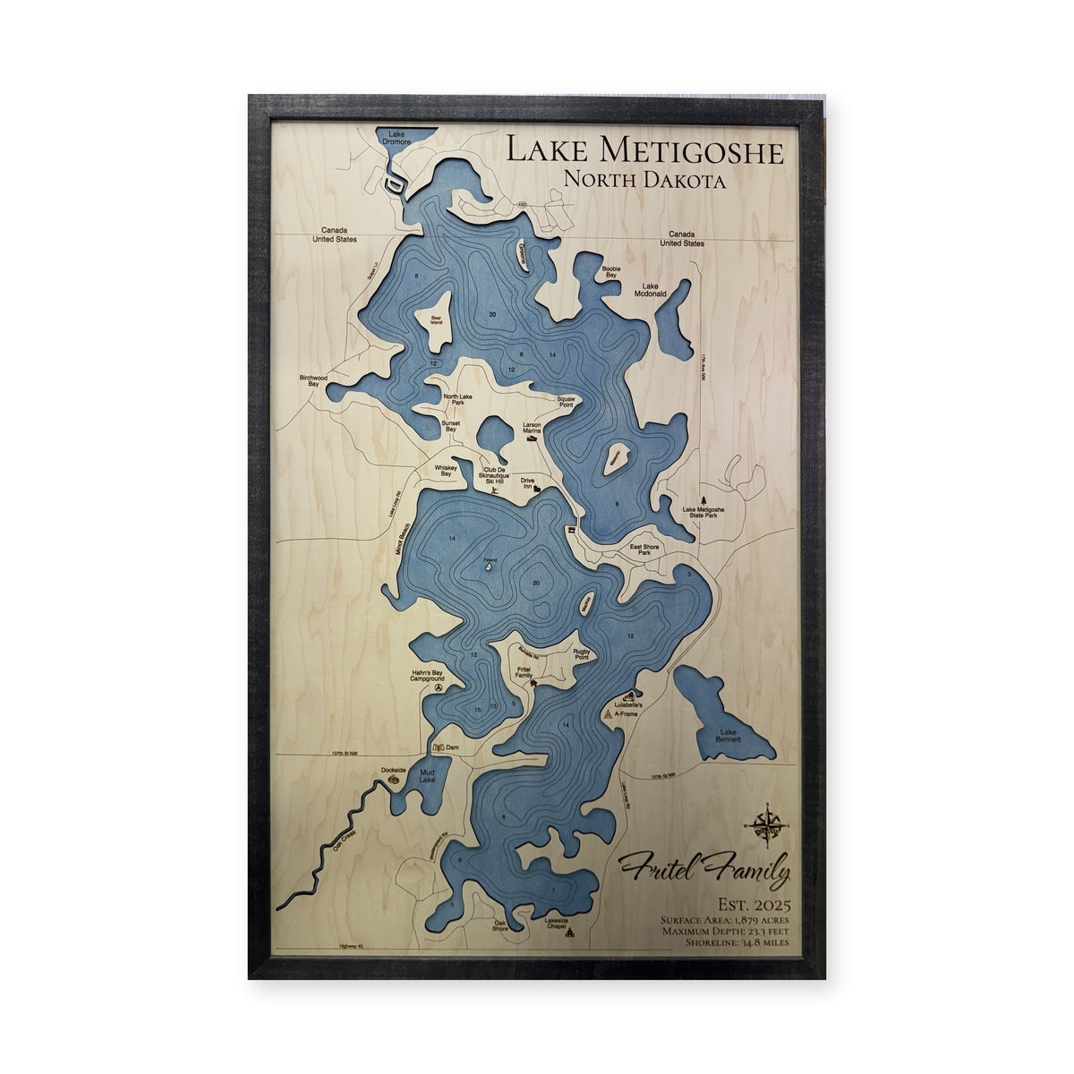 Metigoshe Fritel wood map — single layer with engraved contours, white background