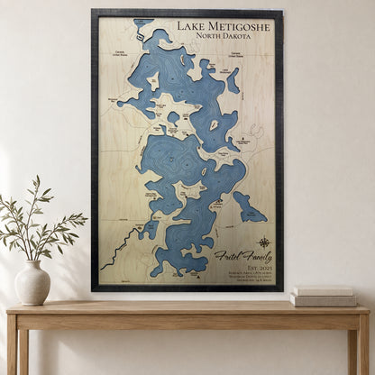 Metigoshe Fritel wood map — single layer with engraved contours, staged room mockup