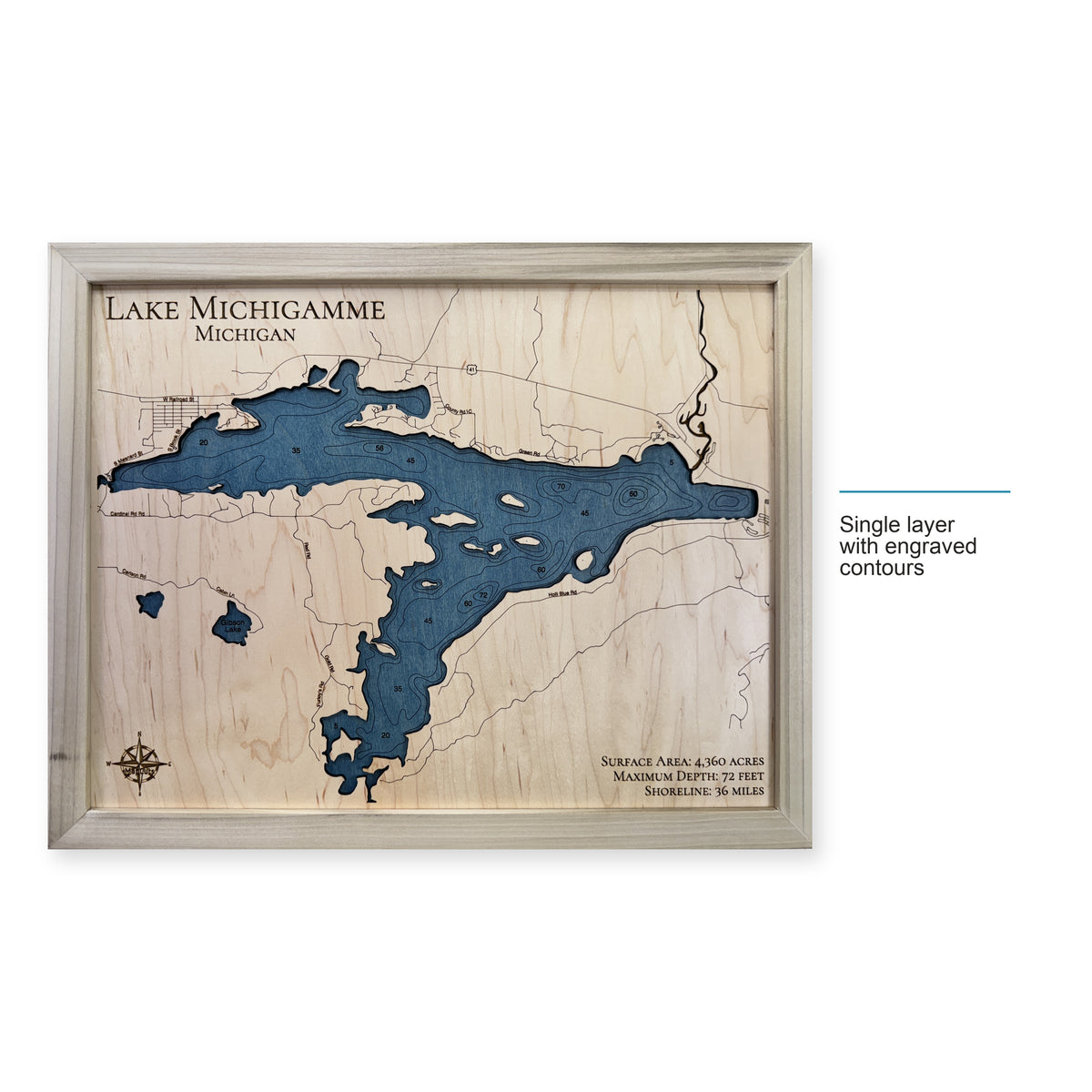 Michigamme Natural wood map — single layer with engraved contours, layer option shown