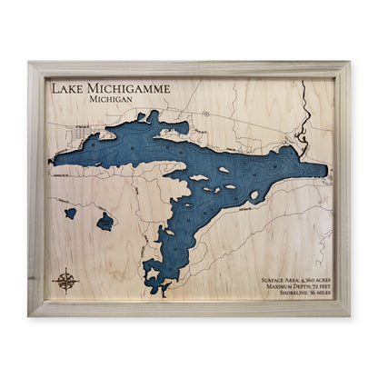 Michigamme Natural wood map — single layer with engraved contours, white background