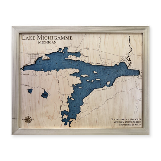 Michigamme Natural wood map — single layer with engraved contours, white background