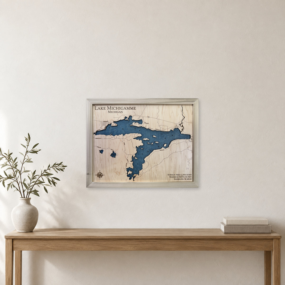 Michigamme Natural wood map — single layer with engraved contours, staged room mockup