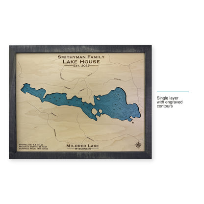 Mildred Smithyman wood map — single layer with engraved contours, layer option shown