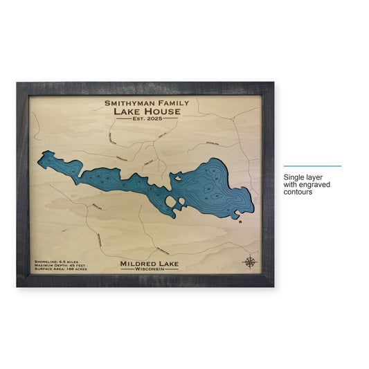 Mildred Smithyman wood map — single layer with engraved contours, layer option shown