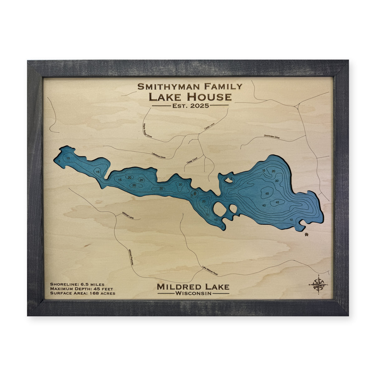 Mildred Smithyman wood map — single layer with engraved contours, white background