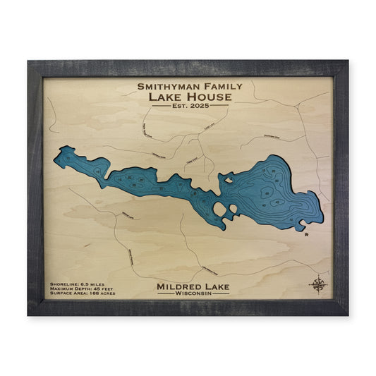 Mildred Smithyman wood map — single layer with engraved contours, white background