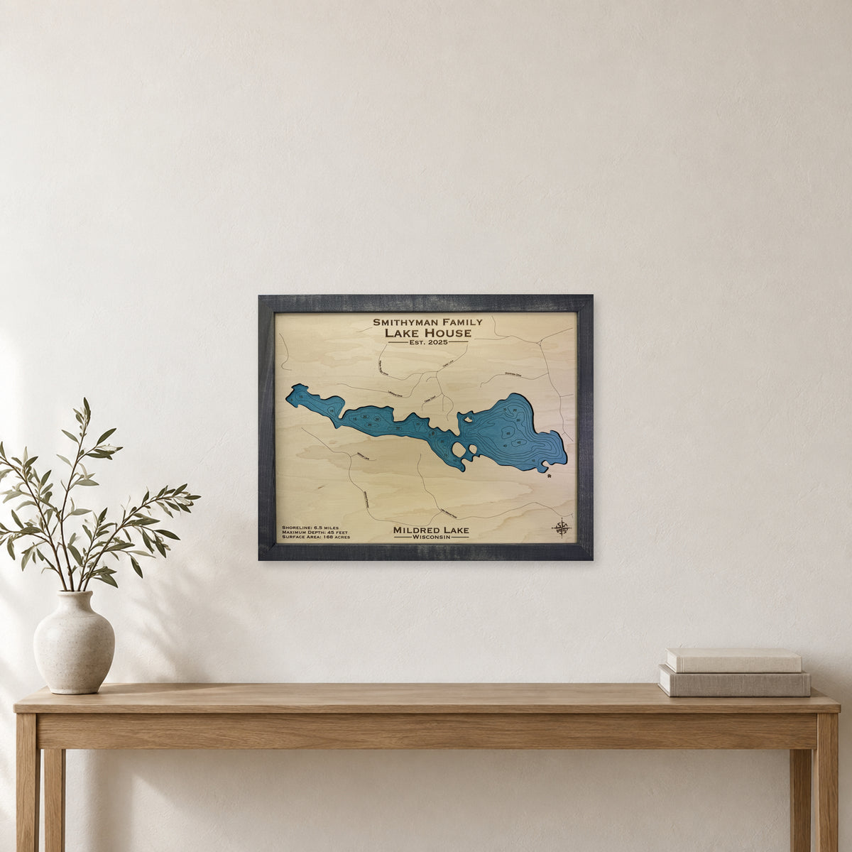 Mildred Smithyman wood map — single layer with engraved contours, staged room mockup