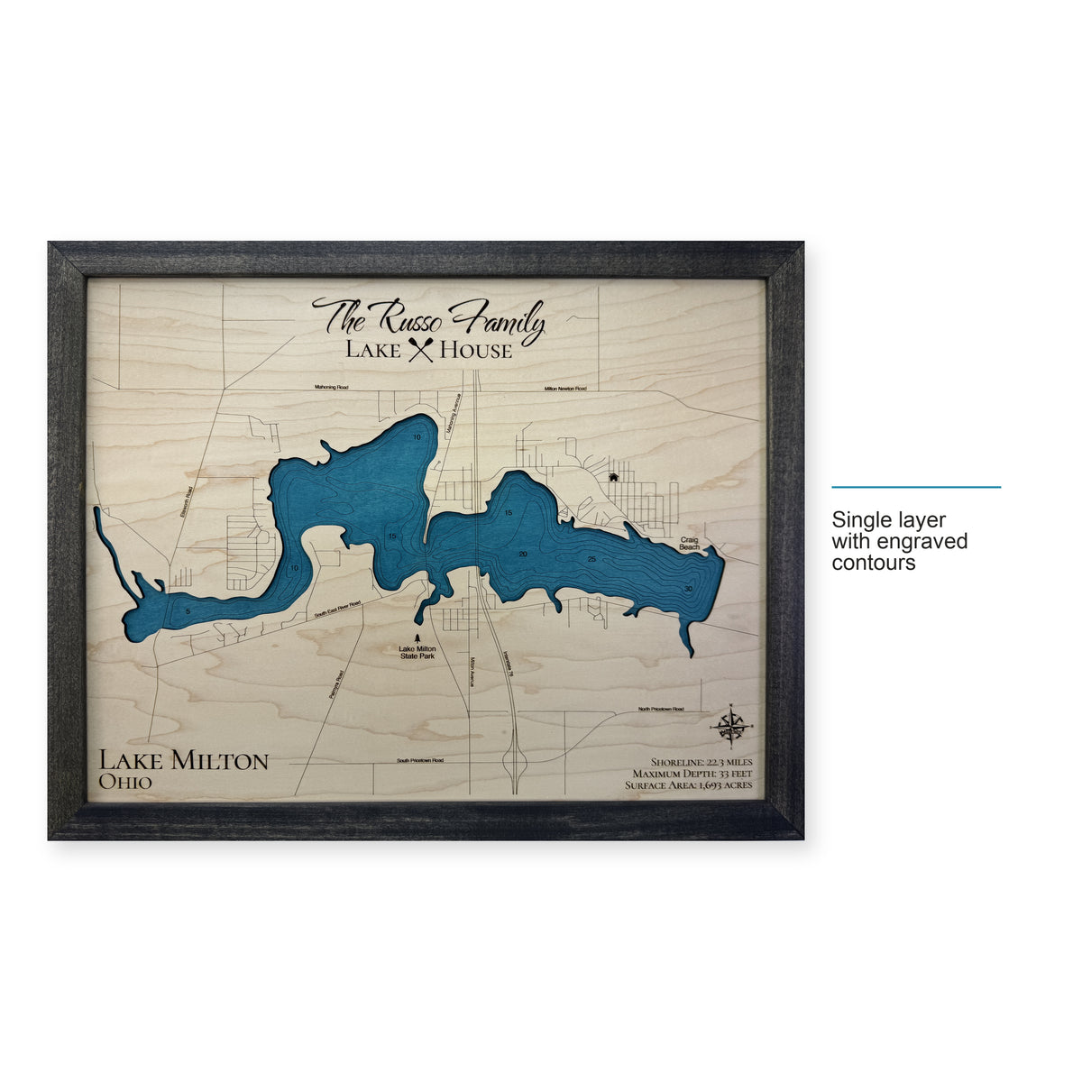 Milton Russo wood map — single layer with engraved contours, layer option shown