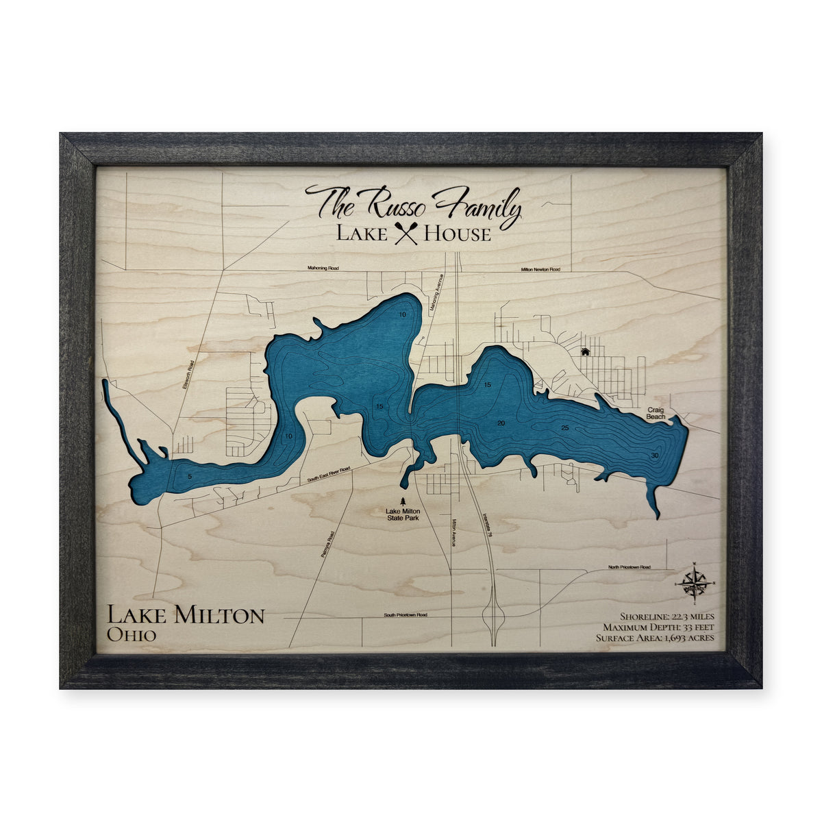 Milton Russo wood map — single layer with engraved contours, white background