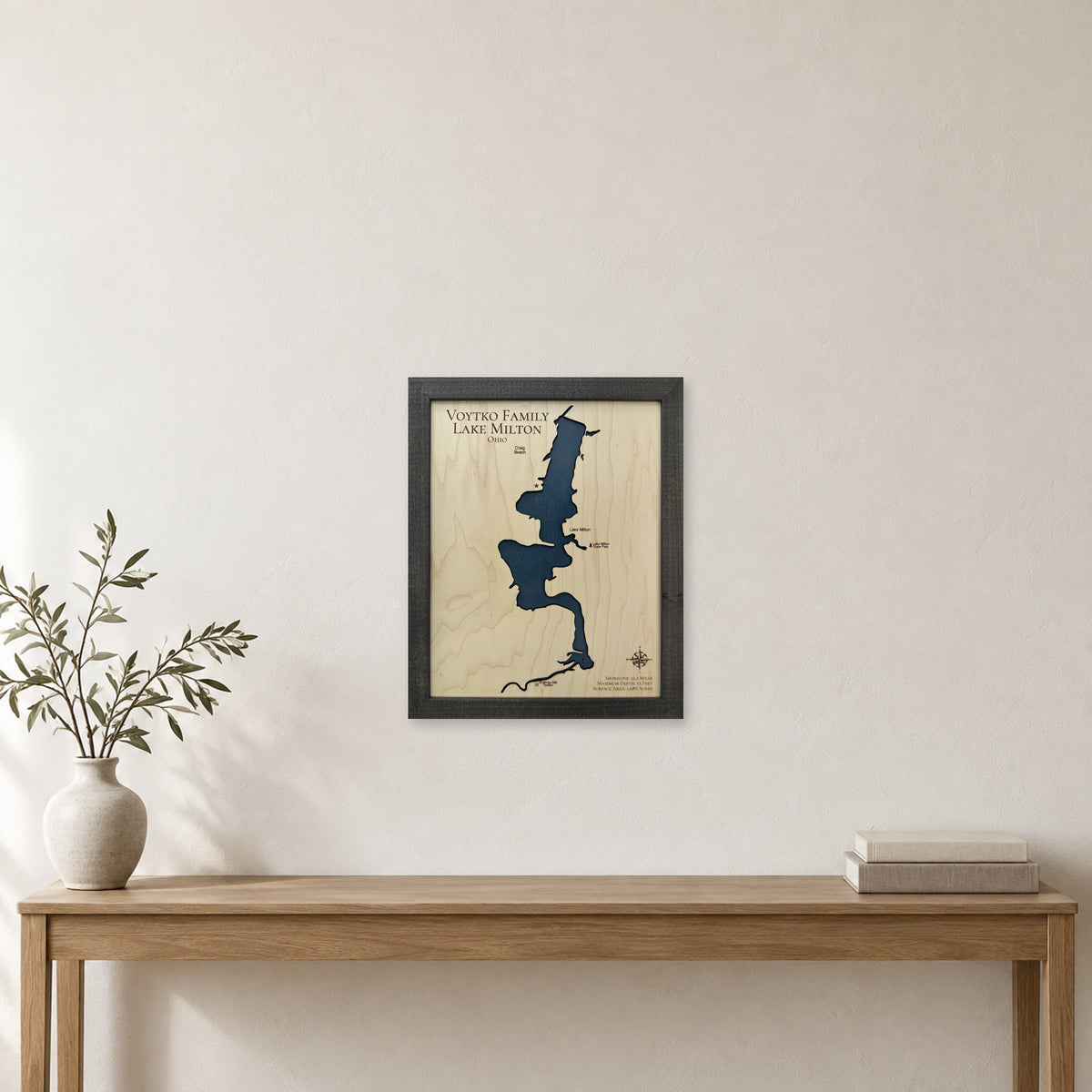 Milton Voytko wood map — single layer, staged room mockup