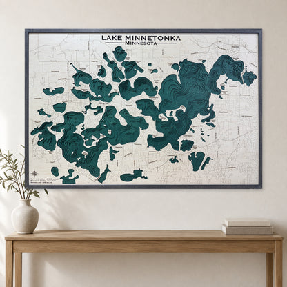 Minnetonka Pantone Large wood map — multilayer, staged room mockup