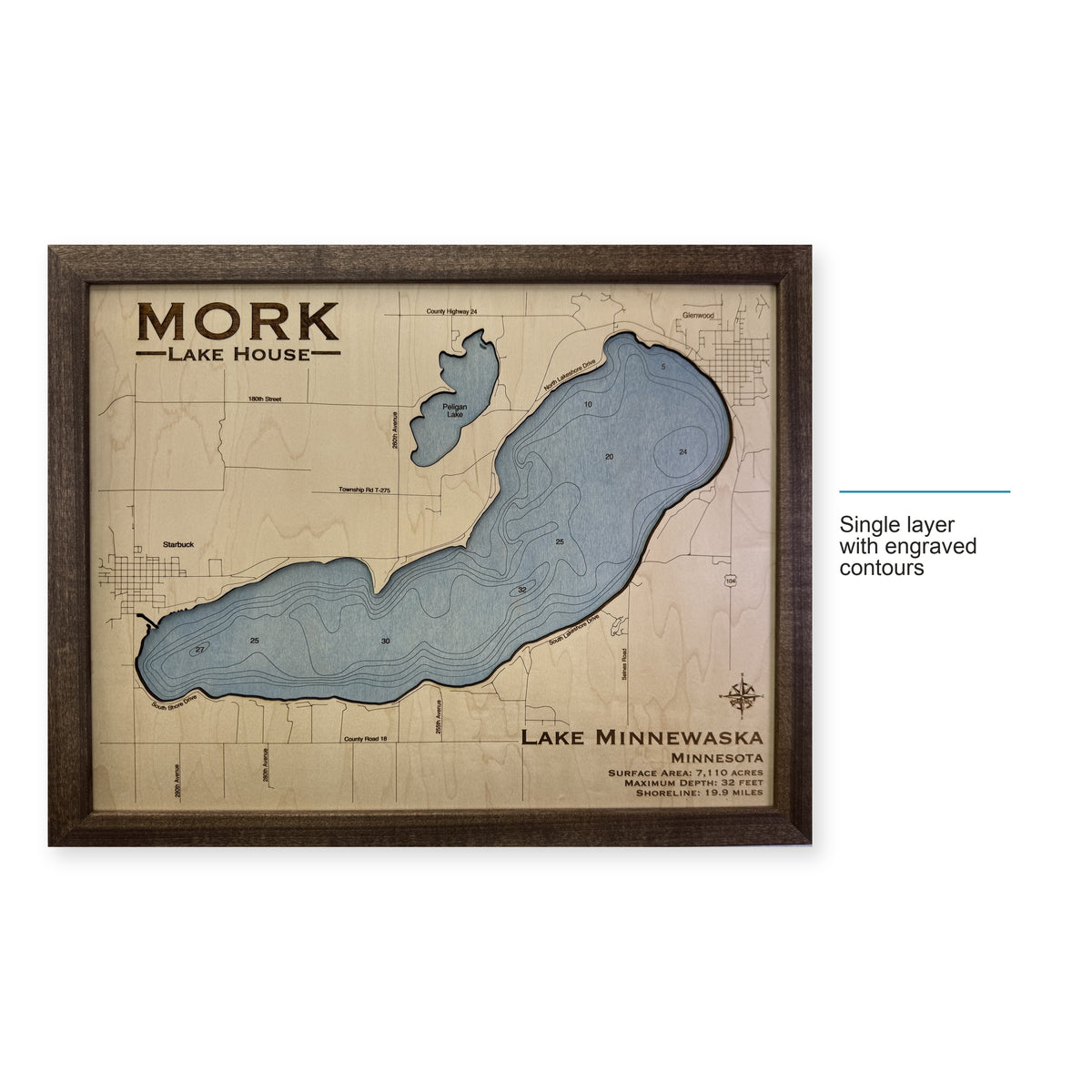 Minnewaska Mork wood map — single layer with engraved contours, layer option shown