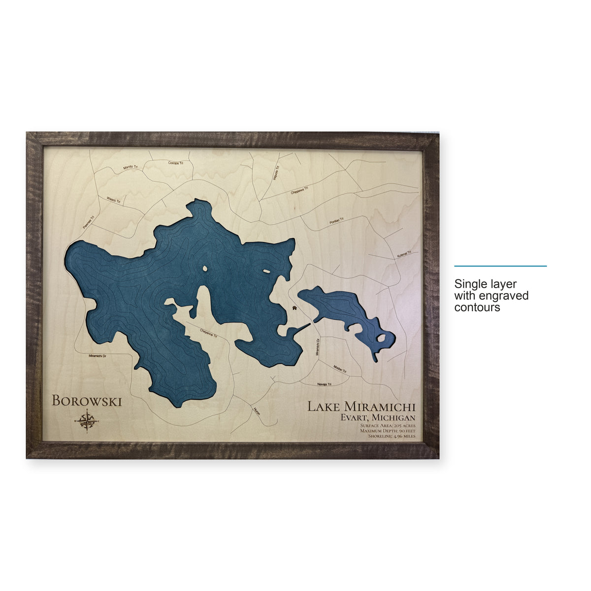 Miramichi Borowski wood map — single layer with engraved contours, layer option shown