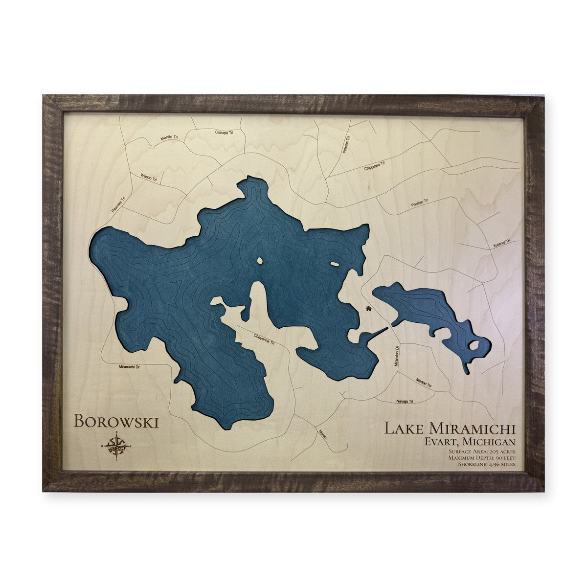 Miramichi Borowski wood map — single layer with engraved contours, white background