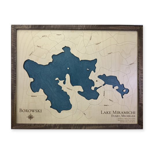 Miramichi Borowski wood map — single layer with engraved contours, white background