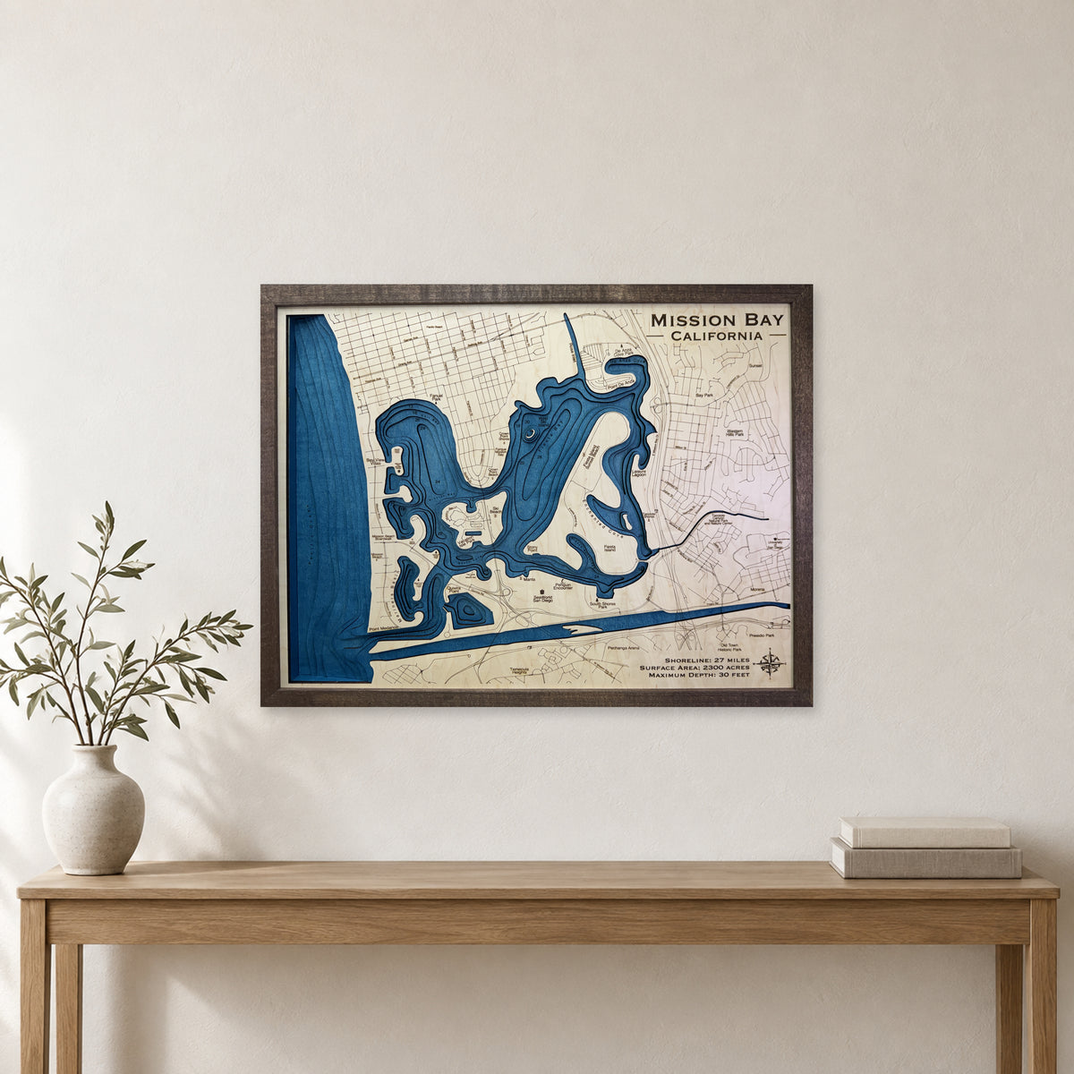 Mission Bay Multi wood map — multilayer, staged room mockup