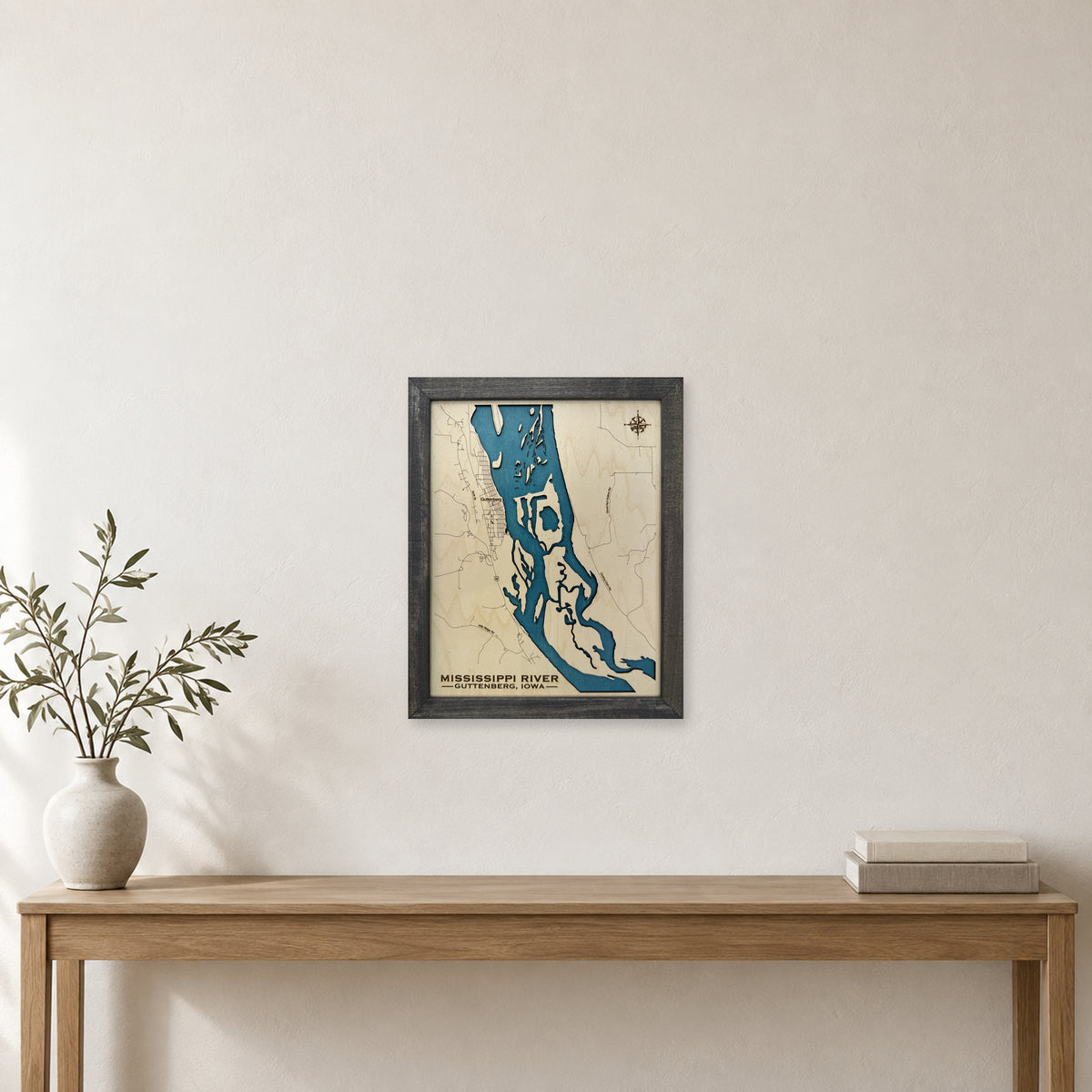 Mississippi Guttenberg wood map — single layer, staged room mockup