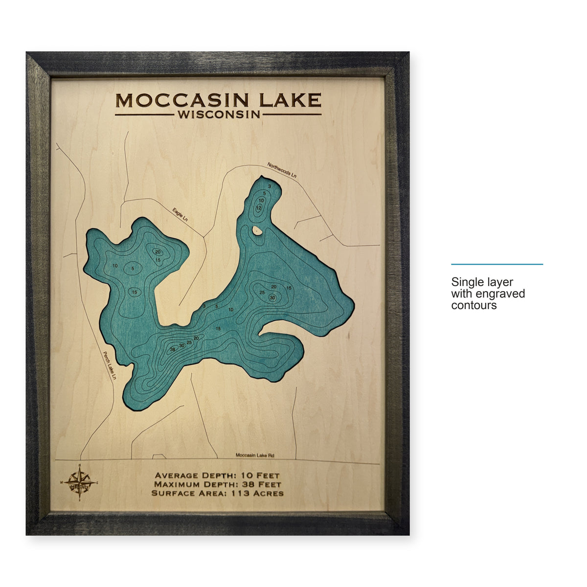 Moccasin Charcoal wood map — single layer with engraved contours, layer option shown