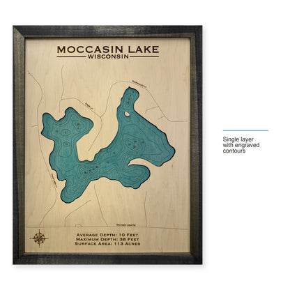 Moccasin Charcoal wood map — single layer with engraved contours, layer option shown