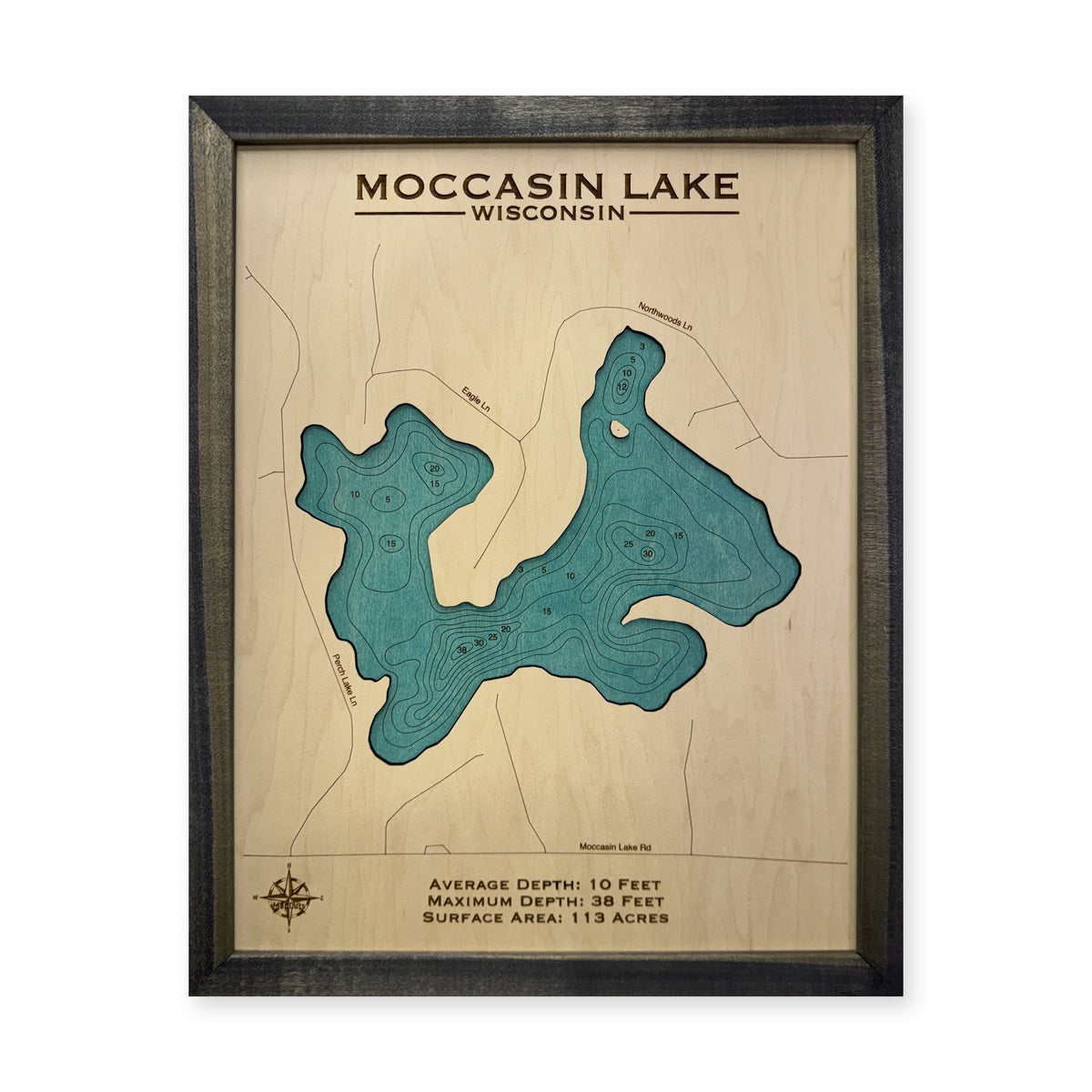 Moccasin Charcoal wood map — single layer with engraved contours, white background