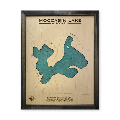 Moccasin Charcoal wood map — single layer with engraved contours, white background