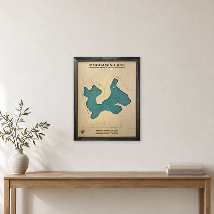 Moccasin Charcoal wood map — single layer with engraved contours, staged room mockup