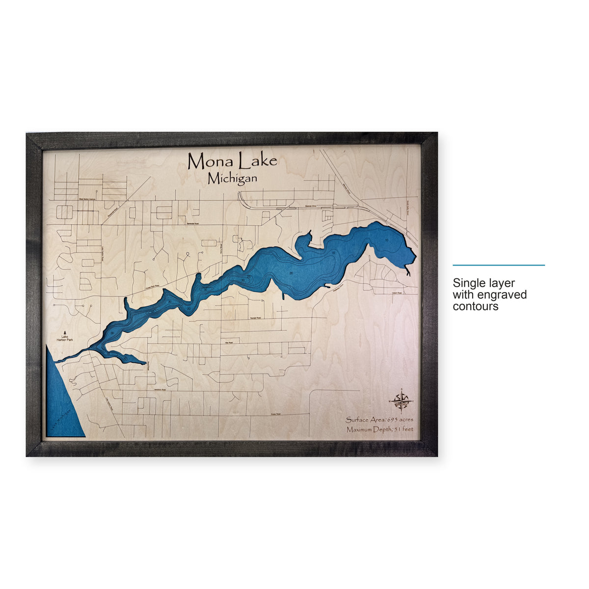 Mona Charcoal wood map — single layer with engraved contours, layer option shown