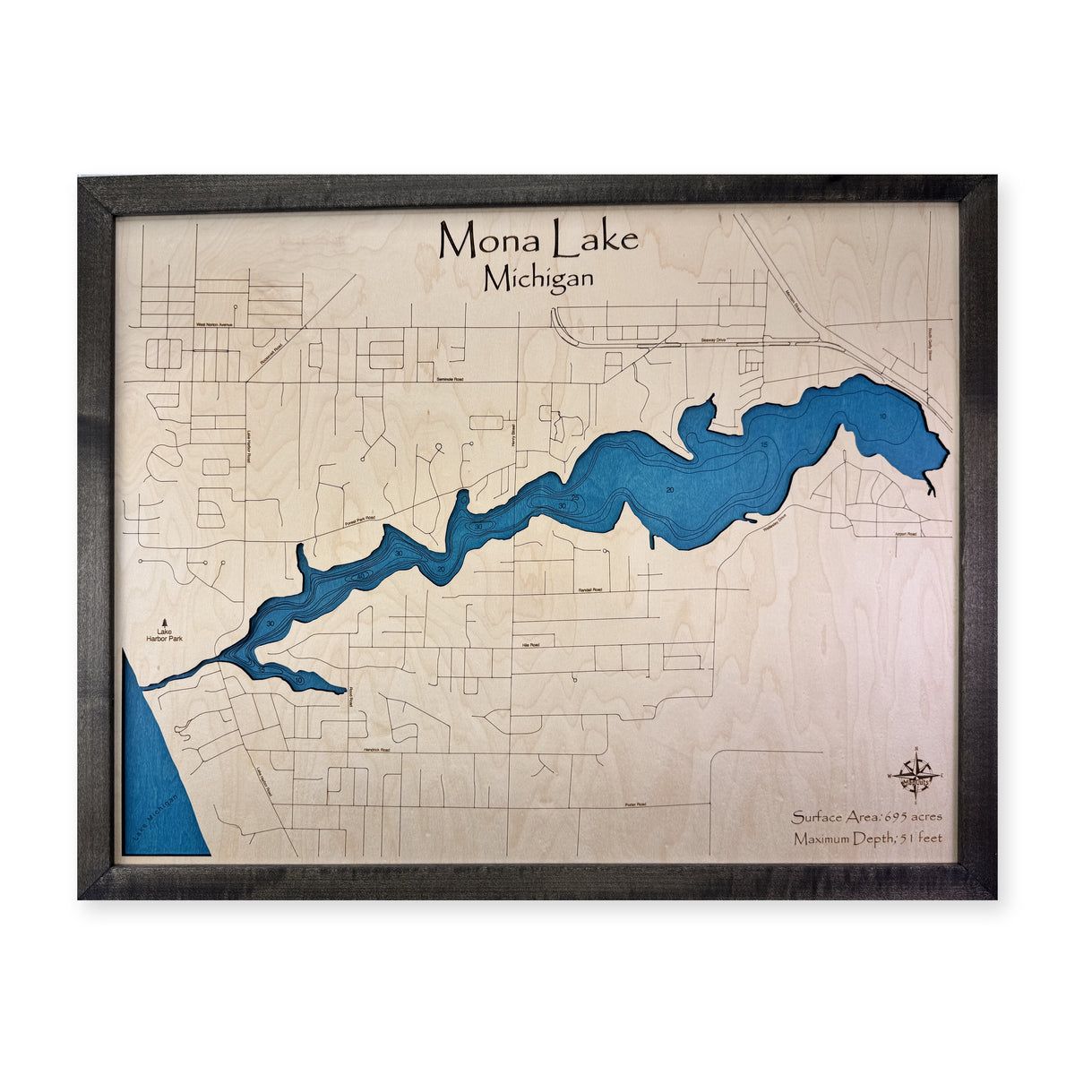 Mona Charcoal wood map — single layer with engraved contours, white background
