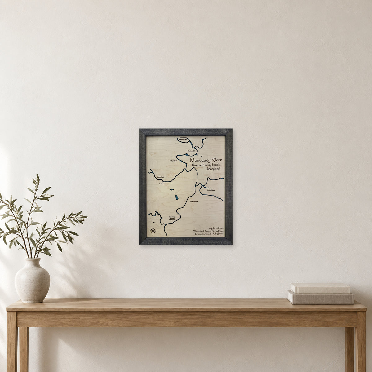 Monocacy River wood map — single layer, staged room mockup