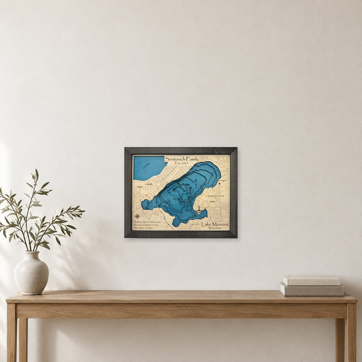 Monona Sentovich wood map — multilayer, staged room mockup